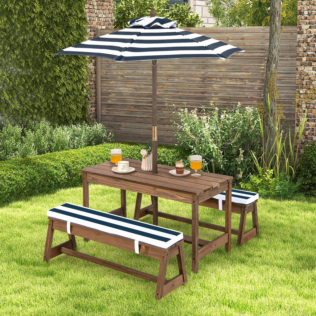 Kids Wood Picnic Table and Bench Set with Cushions Umbrella N3977