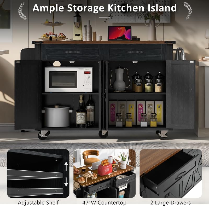 Black Farmhouse Kitchen Island with Power Outlet and Drop Leaf P183