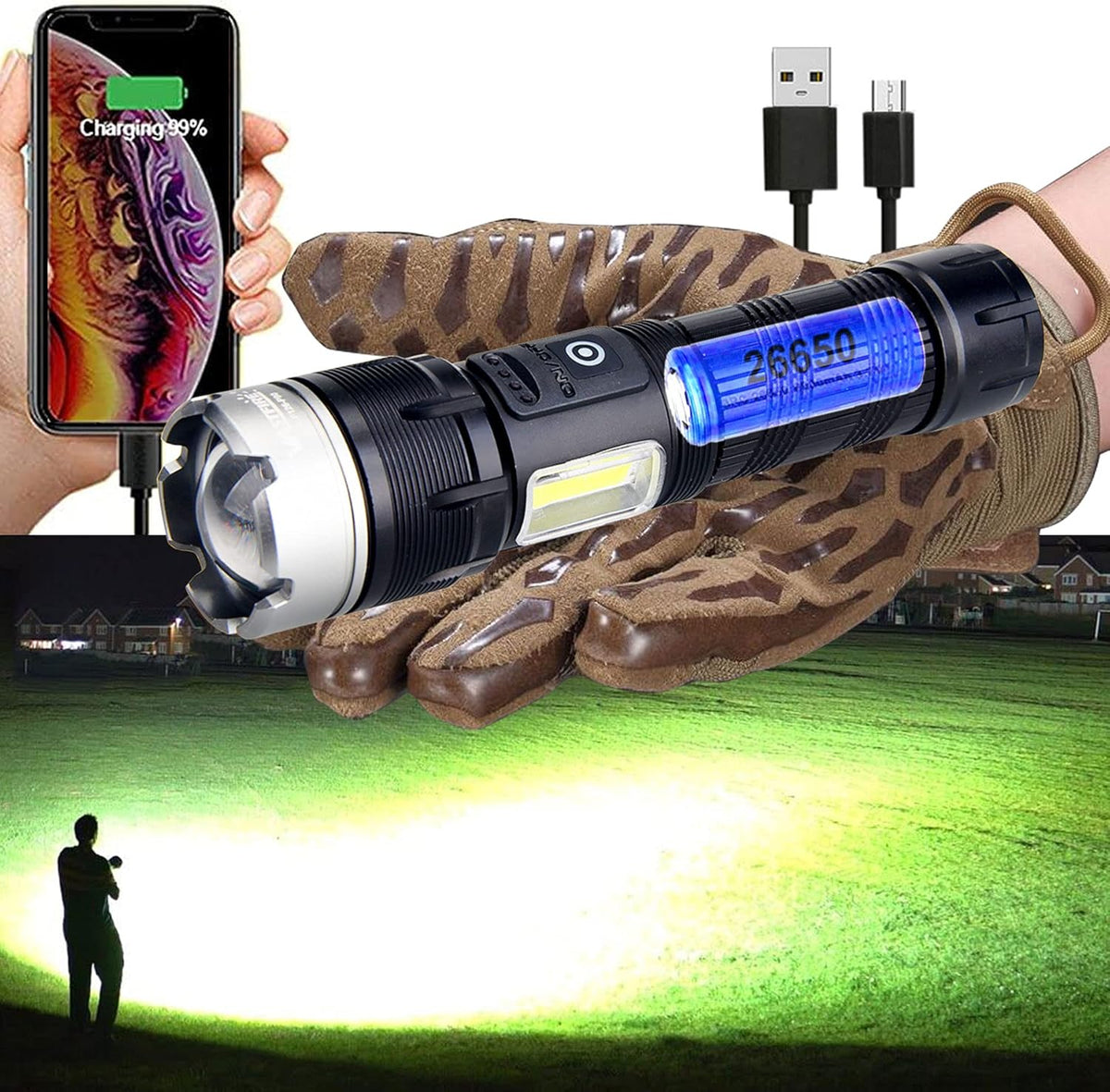 Brightest Rechargeable Zoom Flashlight Lantern Combo F3365