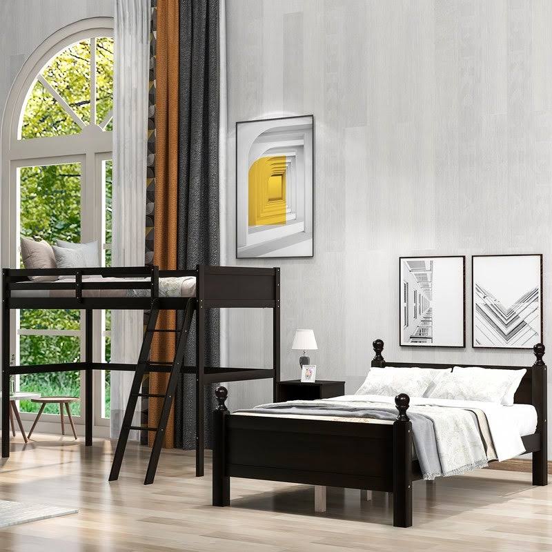 Espresso Pine Wood Twin Over Full Loft Bed with Cabinet P7743