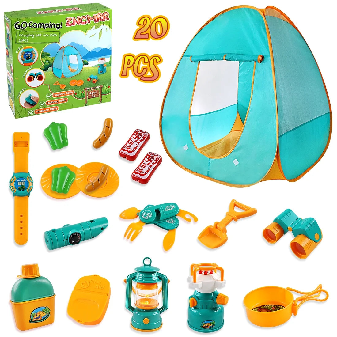 Kids Camping Play Tent Gear Set with Pretend Equipment Tool Toys M2911