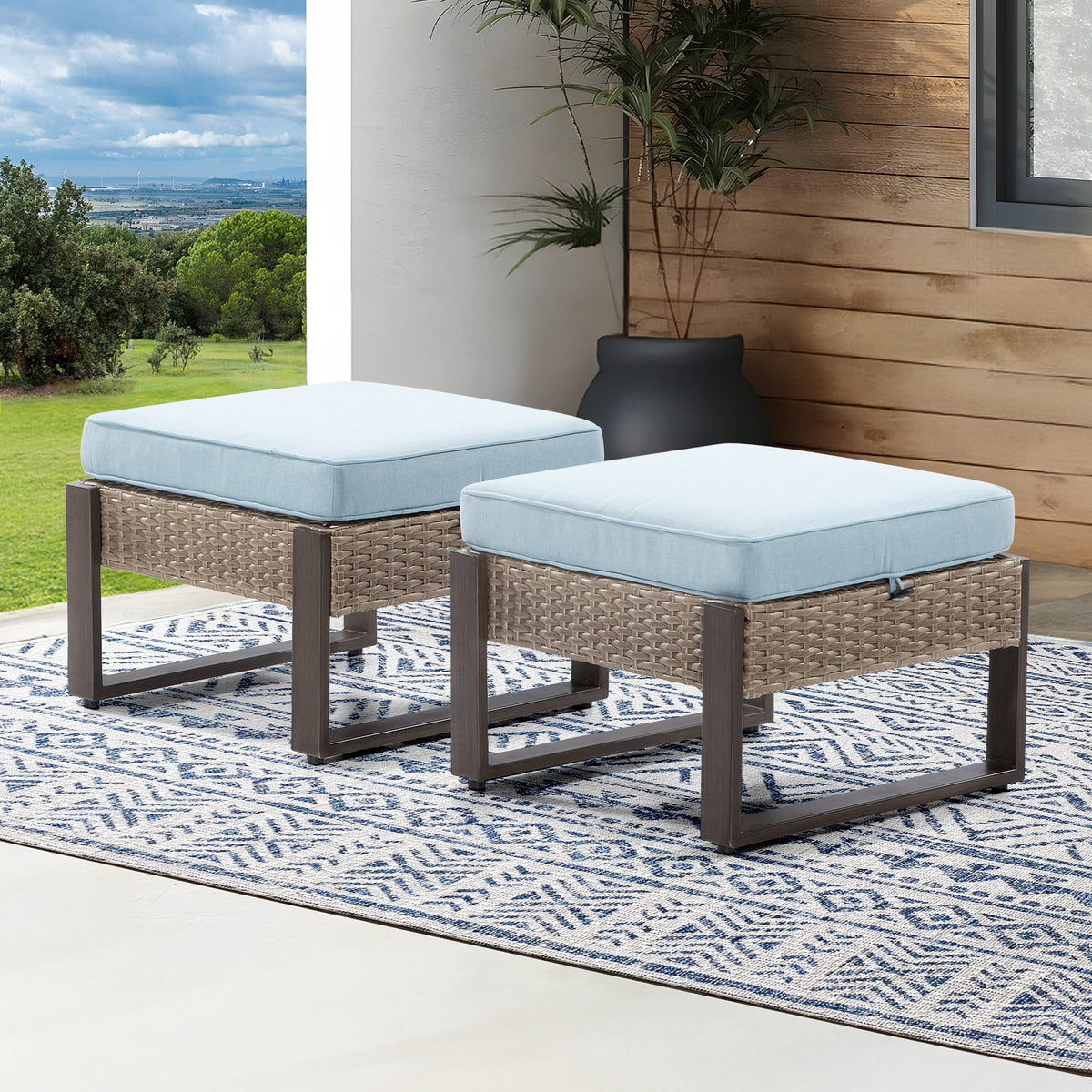 2-Piece PE Rattan Ottomans with Removable Cushions F846176