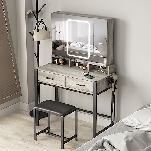 Vanity Desk with Lighted Tri-Fold Mirror and 2 Drawers R205348