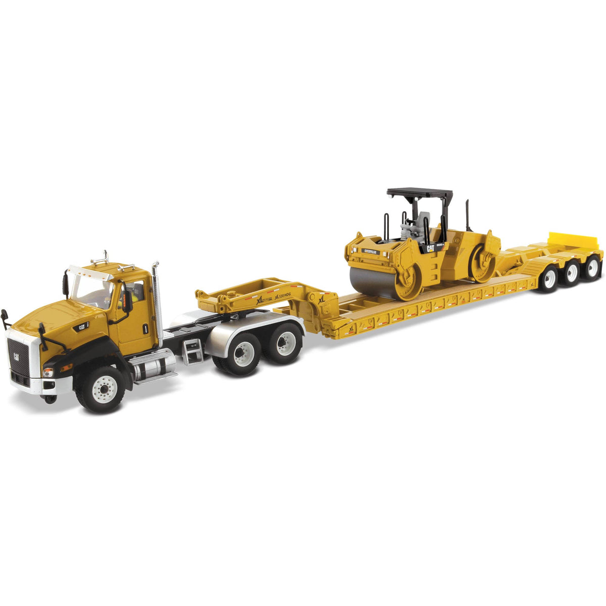 Cat Caterpillar CT660 Day Cab w/Lowboy Trailer & CB-534D XW Vibratory Asphalt Compactor 2 PC Set 1/50 Diecast Masters V3164