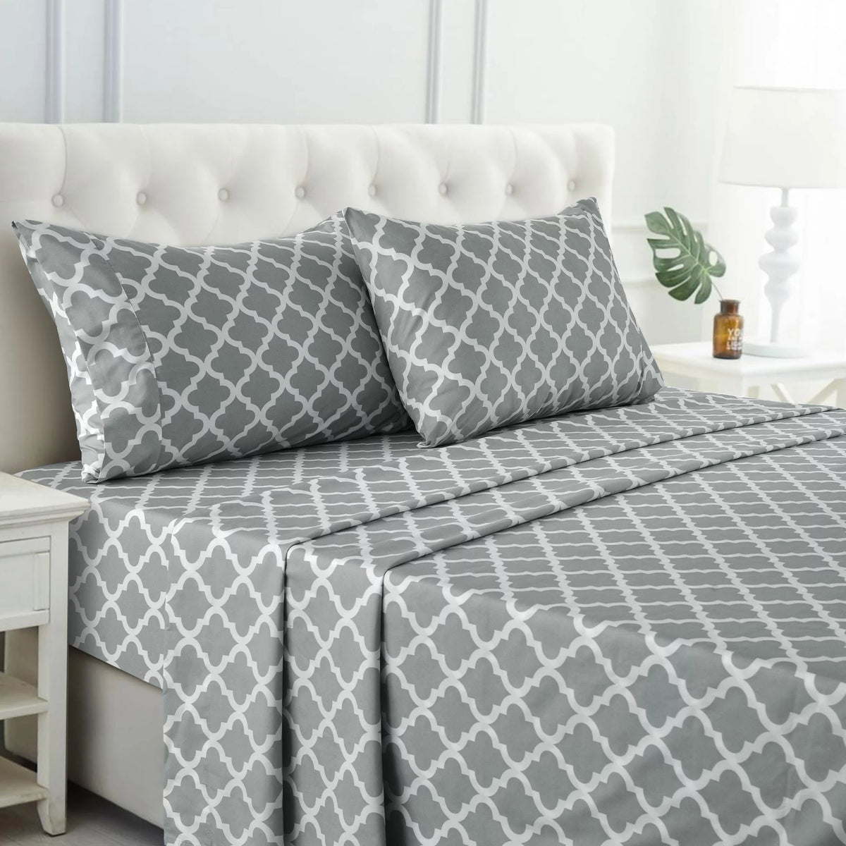 Queen Size 4 Piece Microfiber Bed Sheets Set Gray White Q353289
