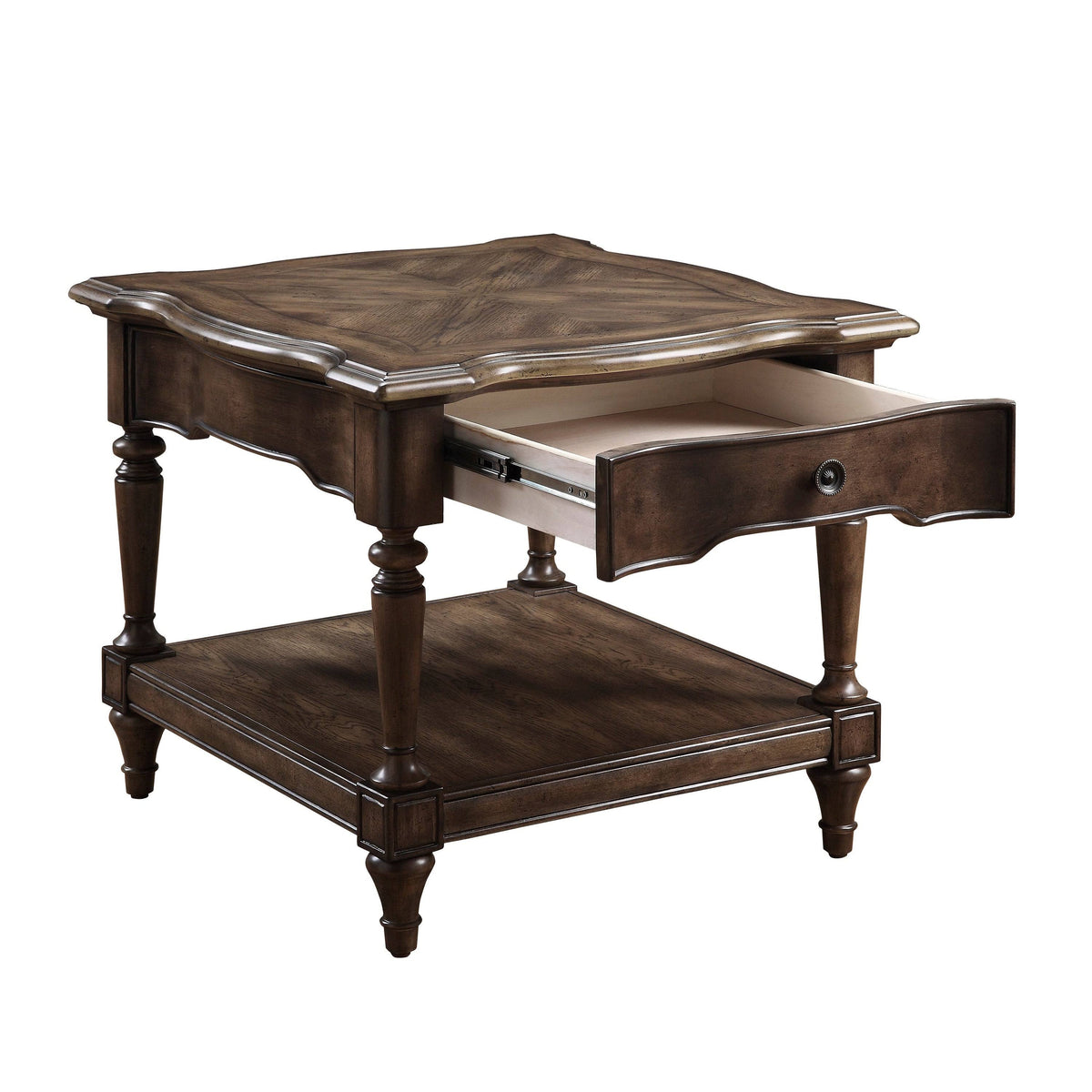 Brown 1 Drawer End Table with Open Bottom Shelf and Turned Feet G12698
