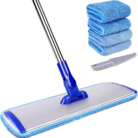 18" Microfiber Flat Mop with Stainless Steel Handle, 4 Reusable Mop Pads Y8237
