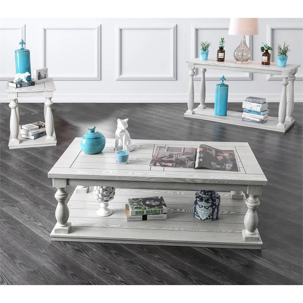 Antique White Wood Open Shelf Sofa Table E13272