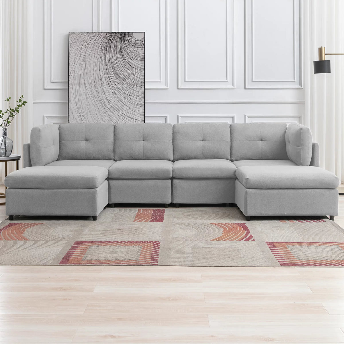 118" Convertible Linen Sectional Sofa with Ottomans N120