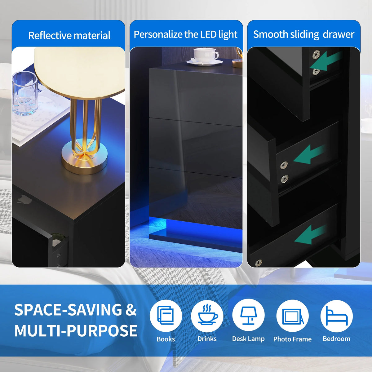Black 3 Drawer LED Nightstand B50676