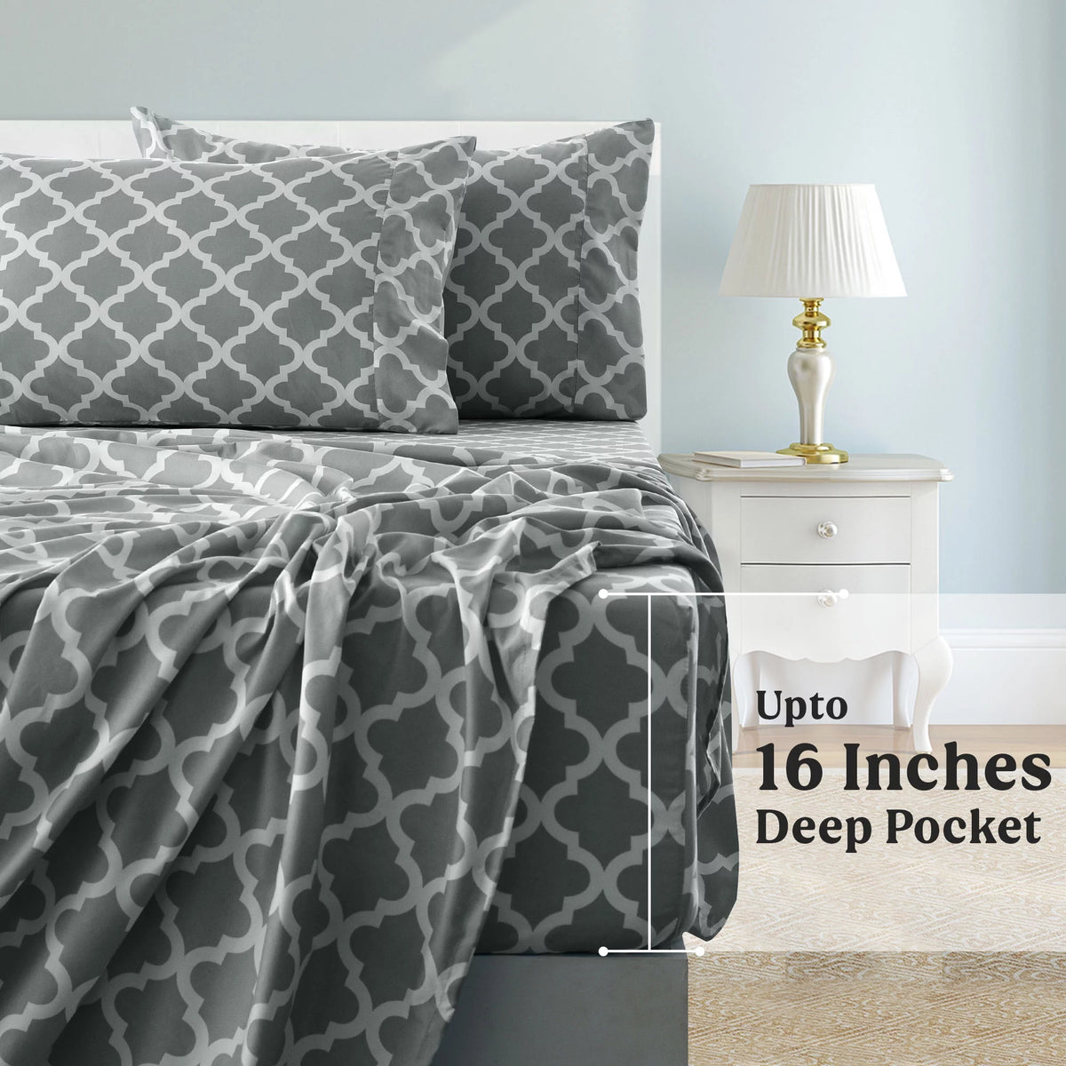 Queen Size 4 Piece Microfiber Bed Sheets Set Gray White Q353289