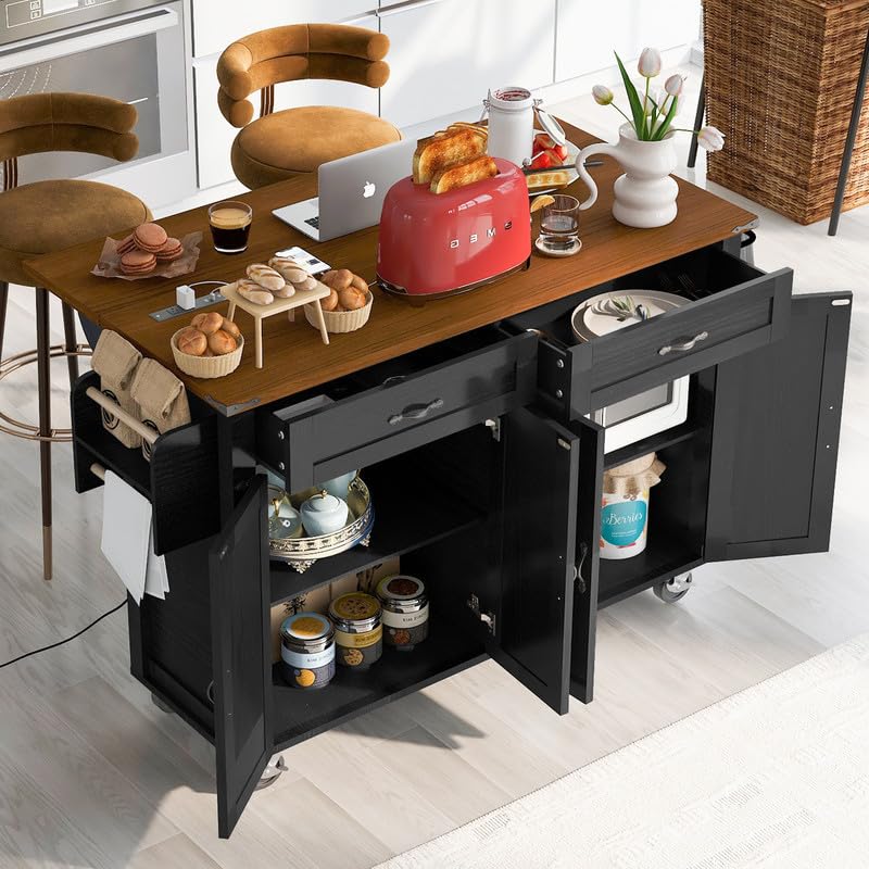 Black Farmhouse Kitchen Island with Power Outlet and Drop Leaf P183