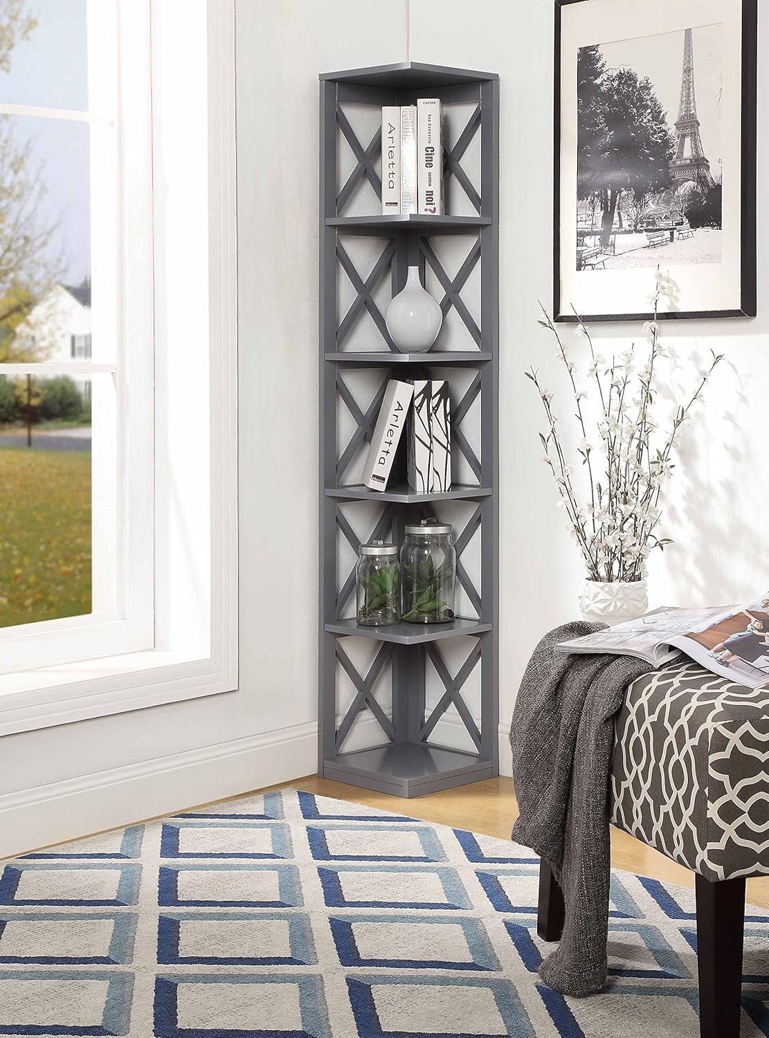 5 Tier Corner Bookcase, Gray X7349