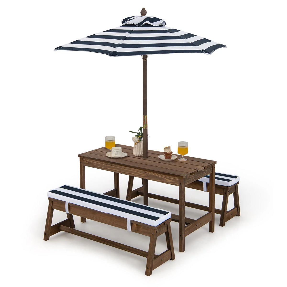 Kids Wood Picnic Table and Bench Set with Cushions Umbrella N3977