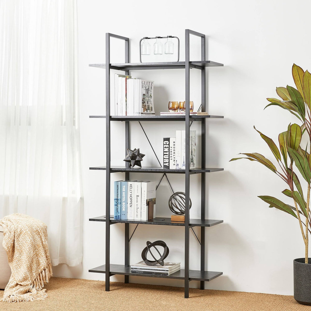 Black Wood/Metal 5-Tier Bookcases & Shelves Z171026