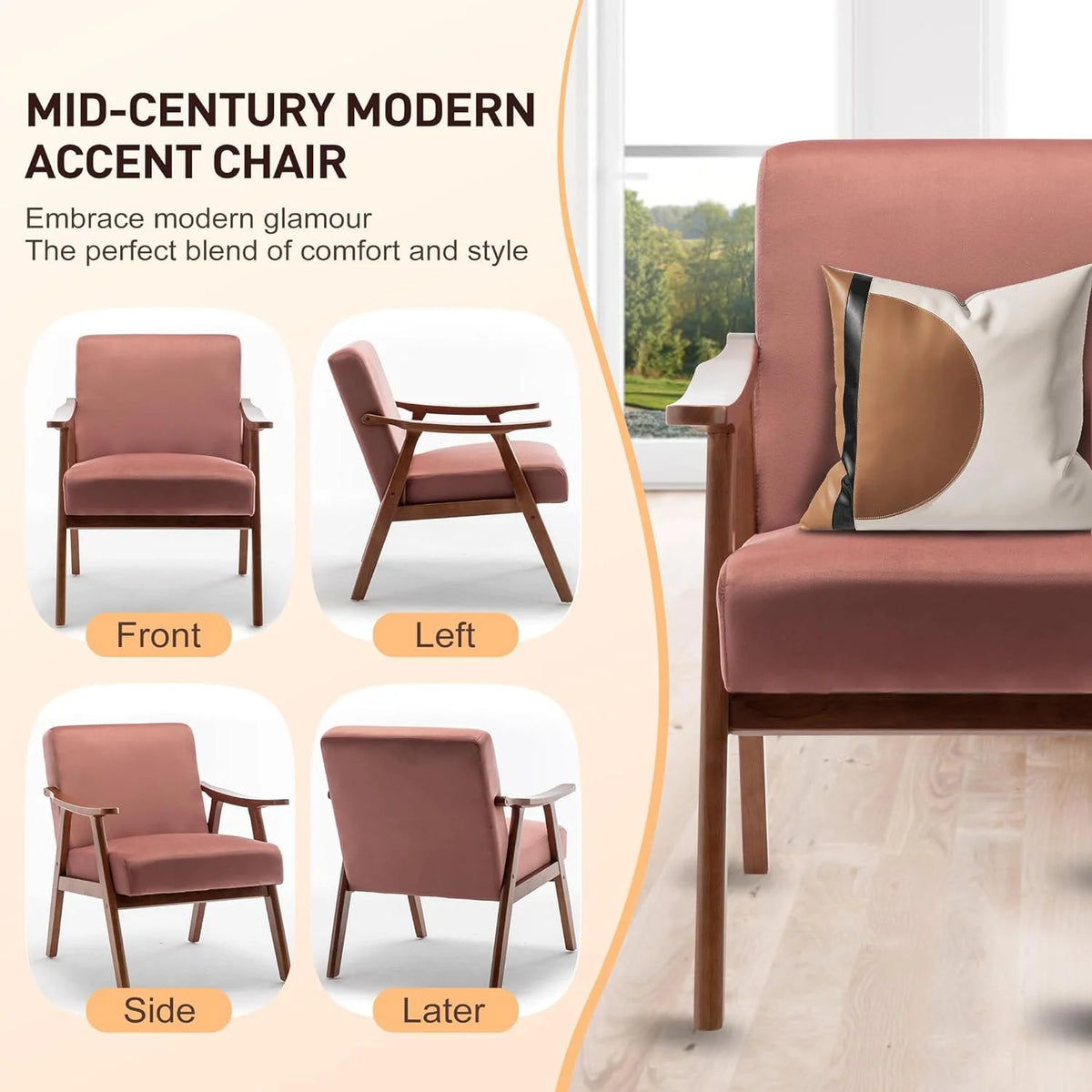 Mid-Century Modern Velvet Accent Chair with Solid Wood Frame W535