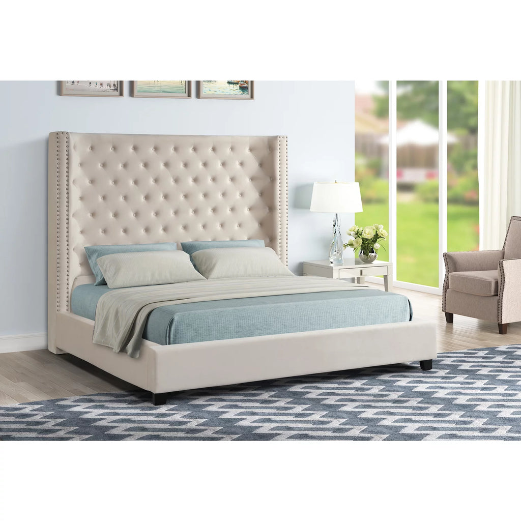 Velvet Upholstered Queen Platform Bed Beige Q5277