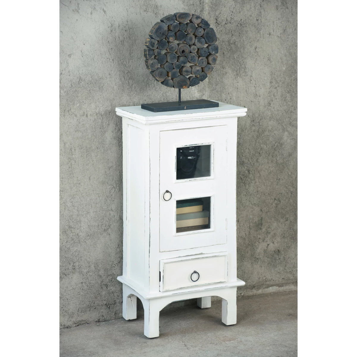 1-Door Wood End Table/Nightstand in Distressed White W79672