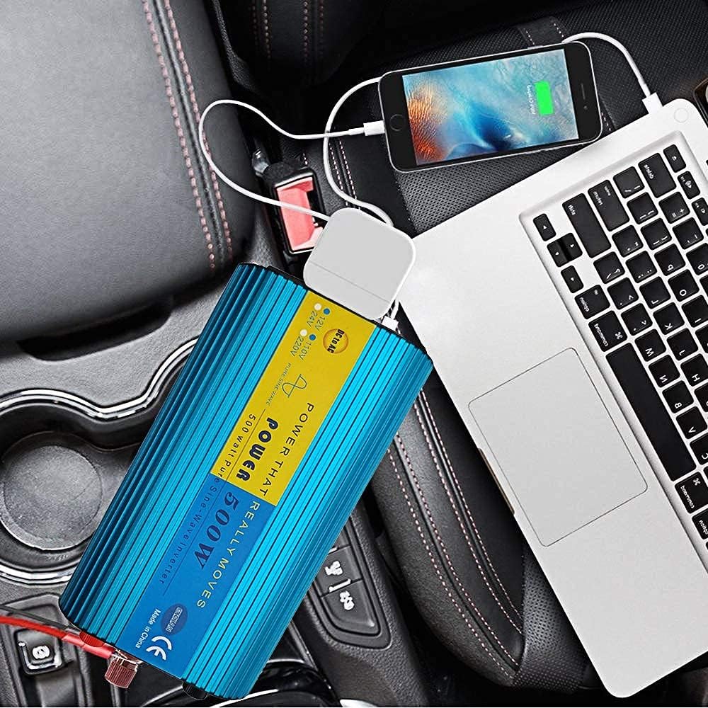 500W Pure Sine Wave Power Inverter DC 12V to AC 110V with 2.1A USB Charging Port and 2 AC Outlets, Pack of 2 H319790