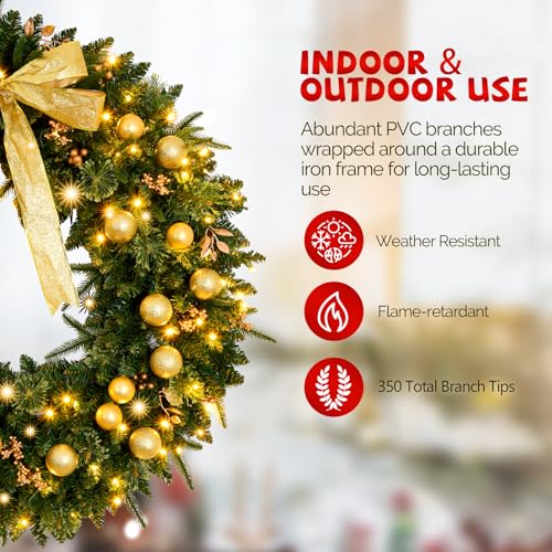 48 Inch Pre-lit Artificial Christmas Wreath with 150 LED Lights and 450 PVC Branch Tips K393531