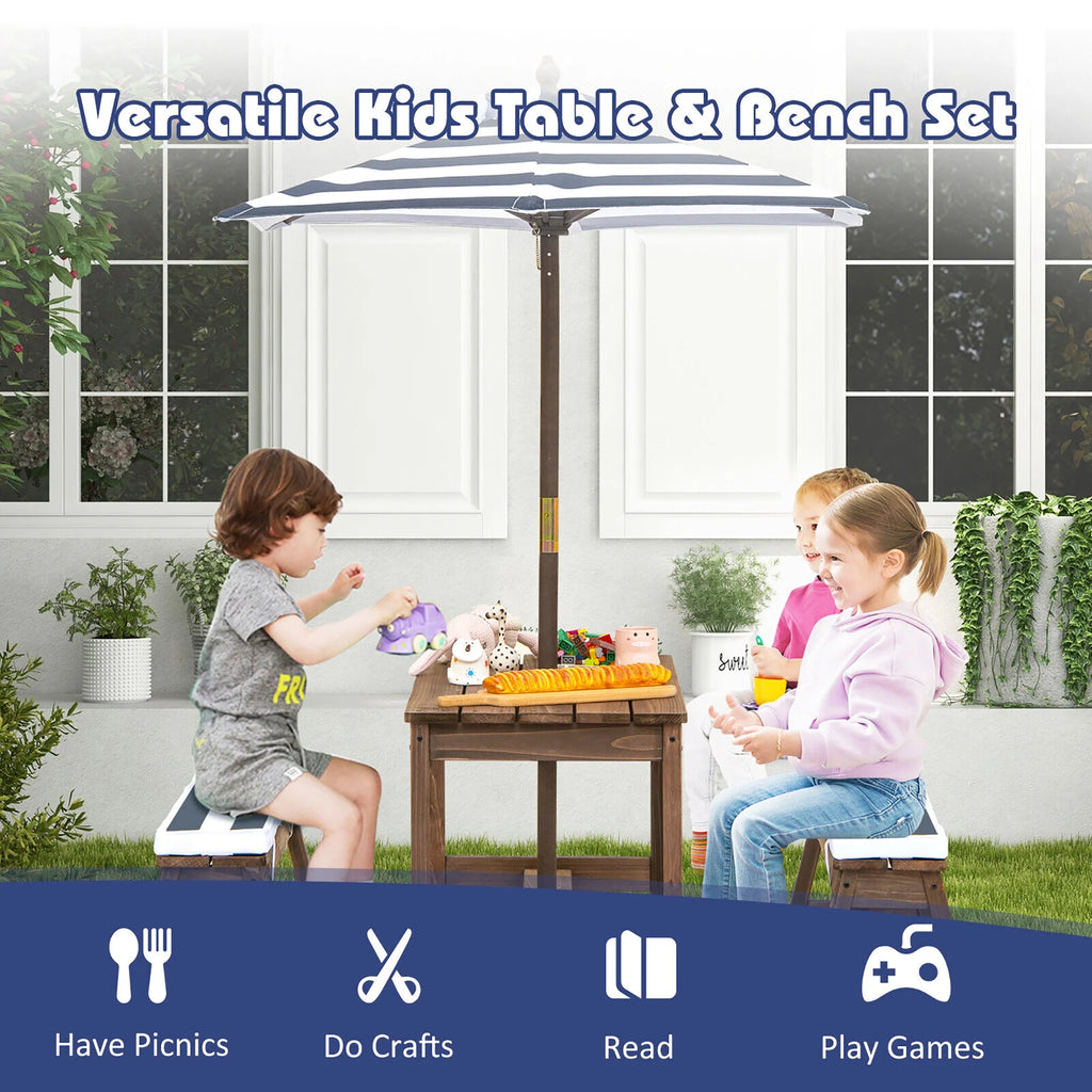 Kids Wood Picnic Table and Bench Set with Cushions Umbrella N3977