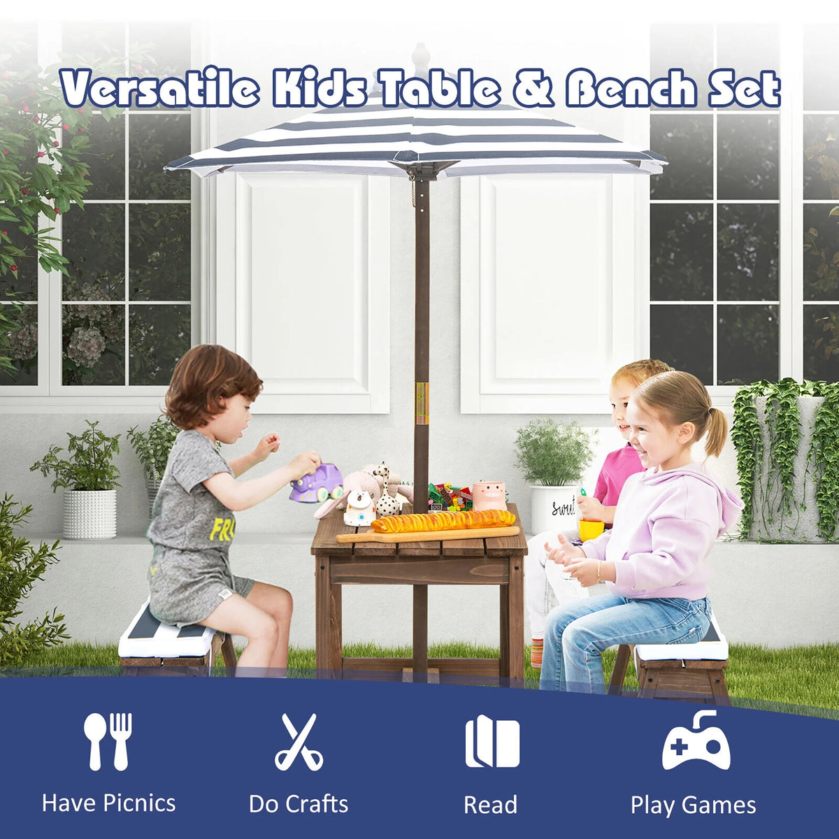 Kids Wood Picnic Table and Bench Set with Cushions Umbrella N3977
