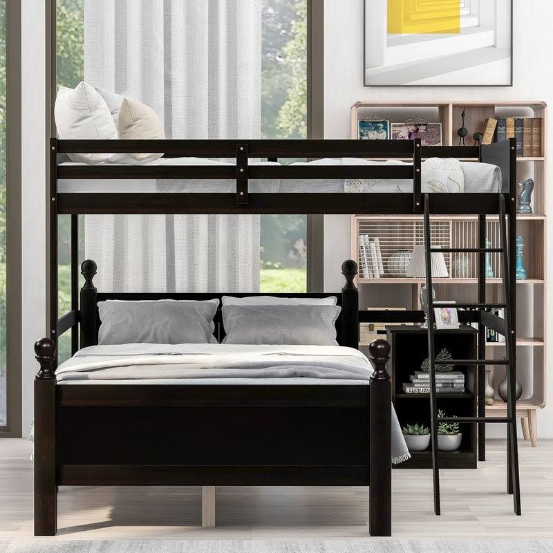 Espresso Pine Wood Twin Over Full Loft Bed with Cabinet P7743