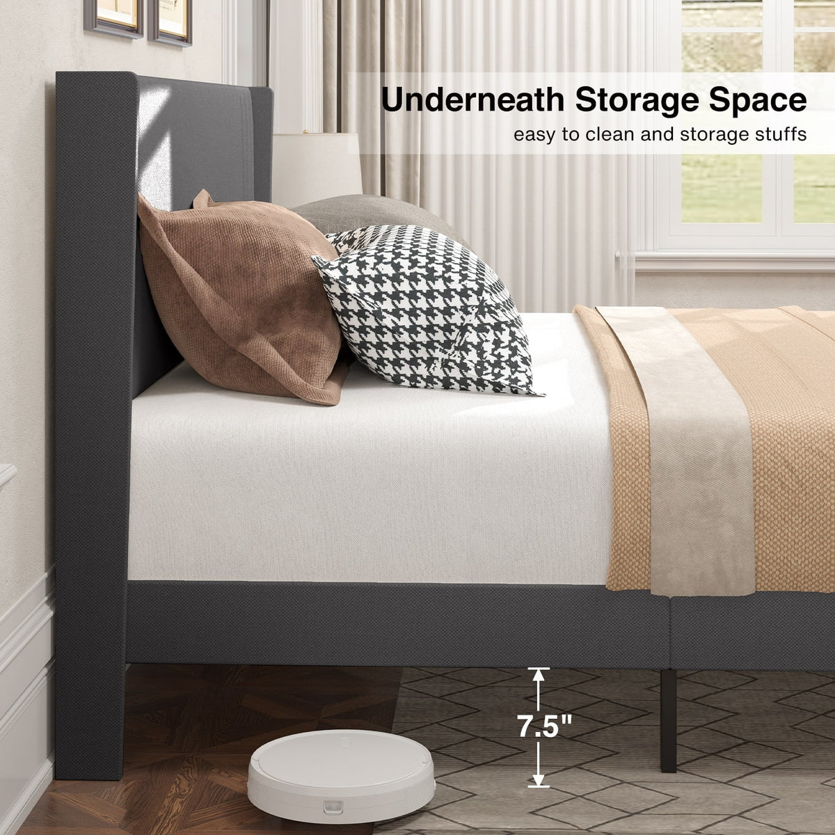 Queen Full Wingback Platform Bed Frame with Under-bed Storage Beige X1782