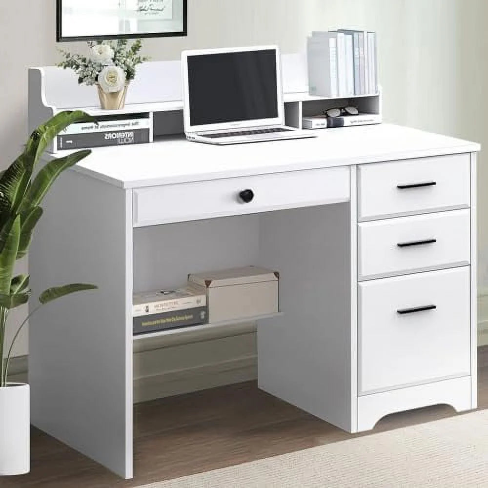 White 44" Wood Desk with 4 Drawers and Hutch M428