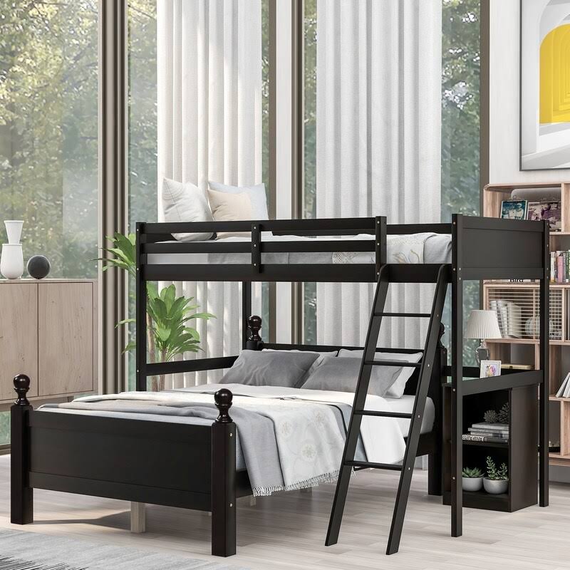 Espresso Pine Wood Twin Over Full Loft Bed with Cabinet P7743