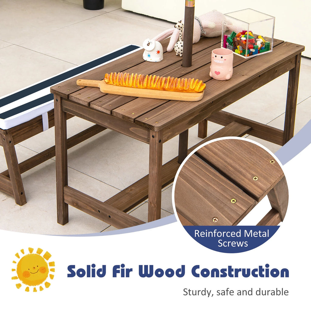 Kids Wood Picnic Table and Bench Set with Cushions Umbrella N3977