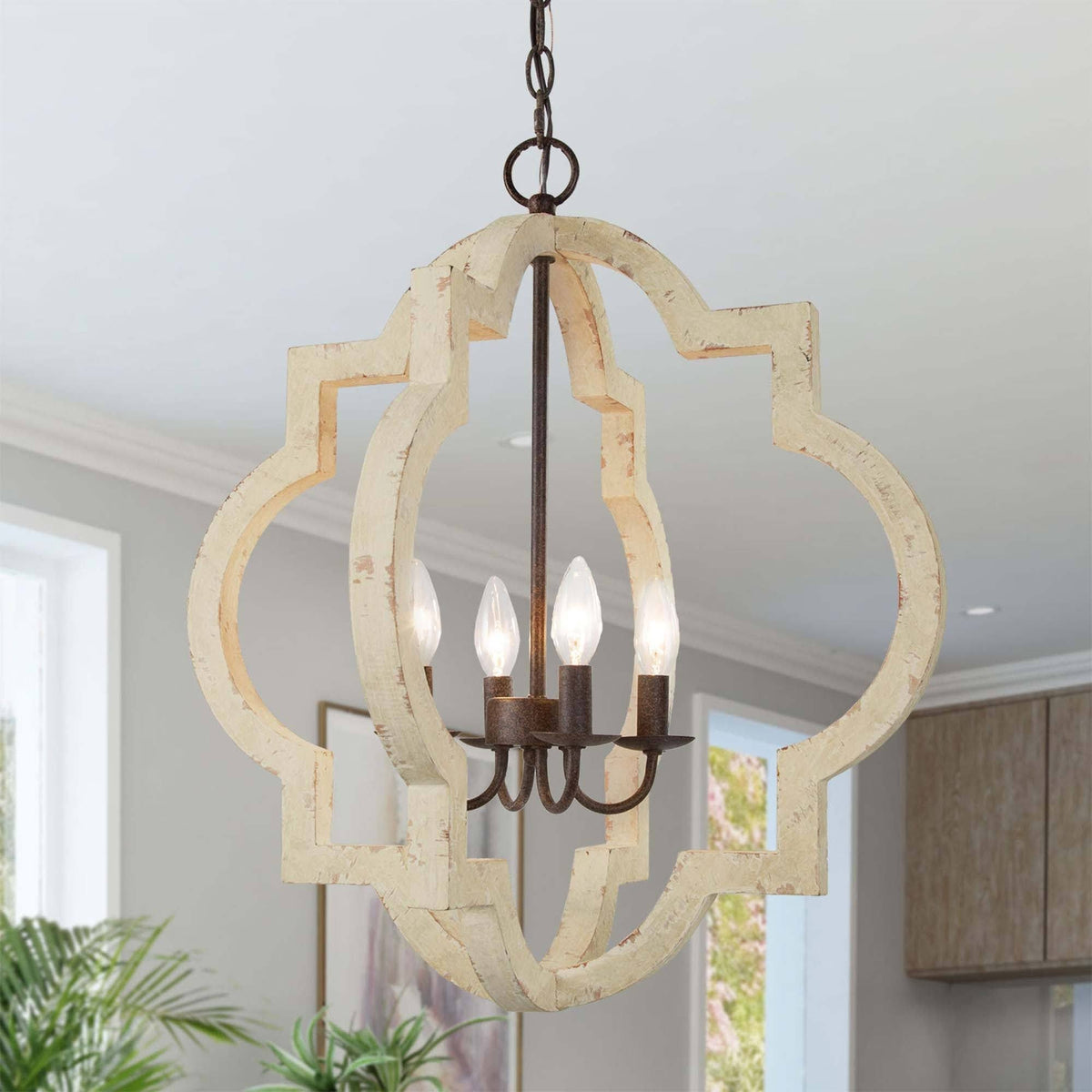 4-Light Weathered White Lantern Candle Chandelier W448168