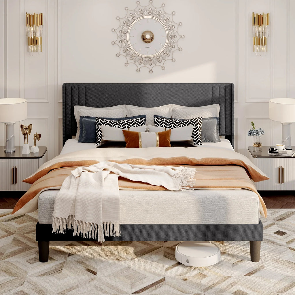 Queen Full Wingback Platform Bed Frame with Under-bed Storage Beige X1782