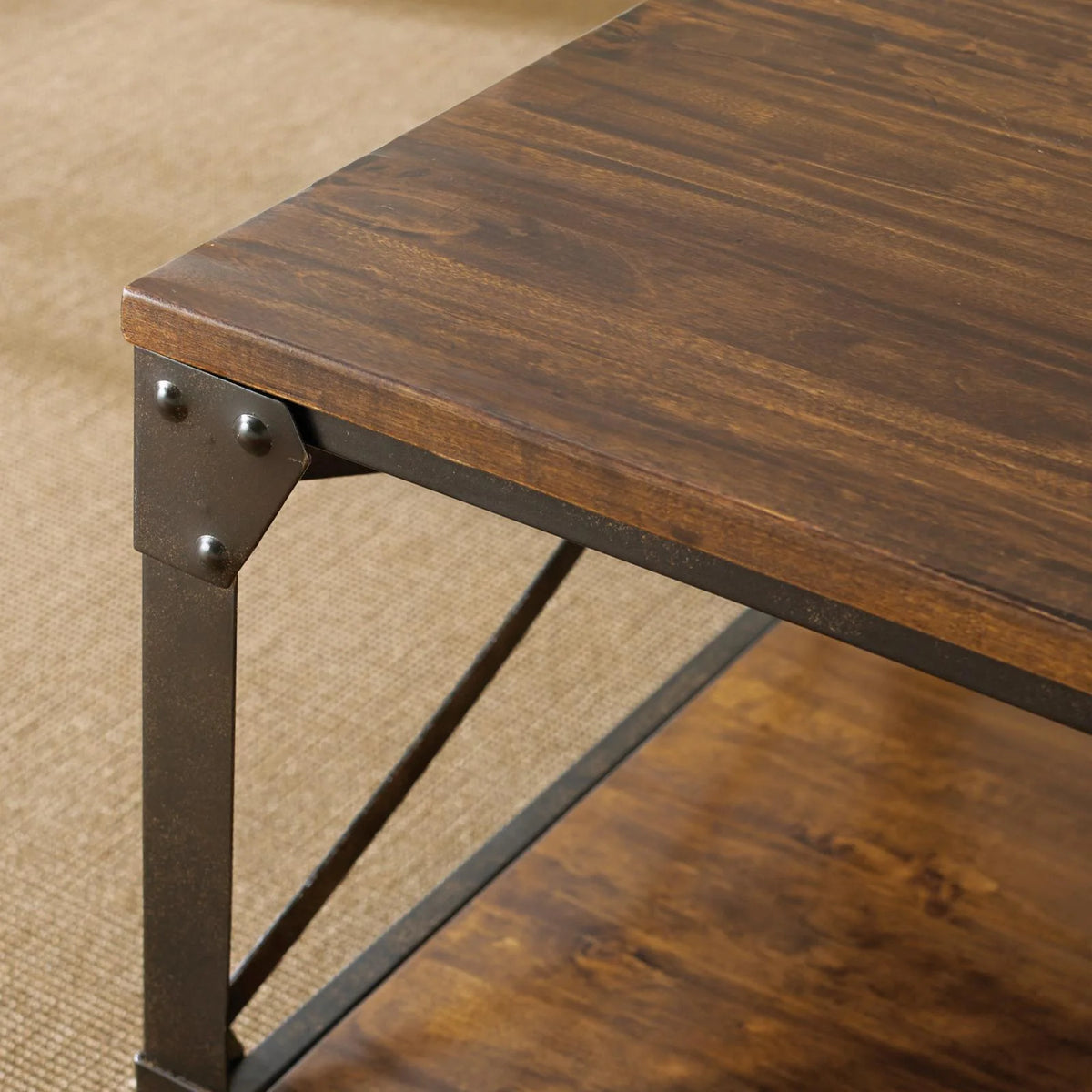 Square End Table Distressed Tobacco Brown Metal Frame D74426