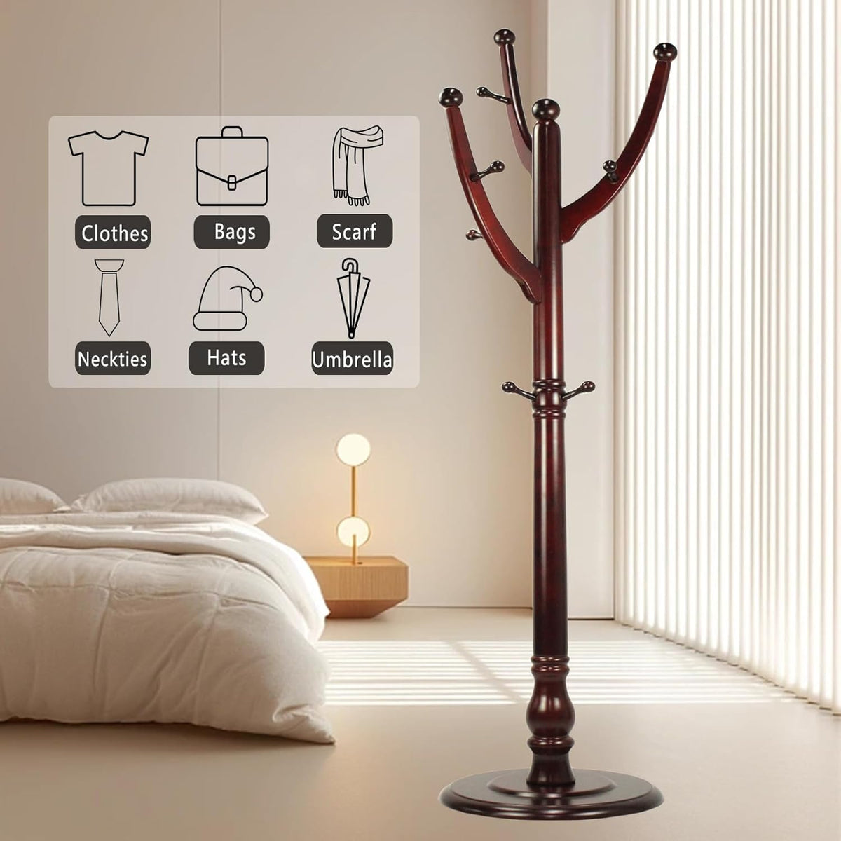Freestanding Wood Coat Rack with 11 Hooks J93574