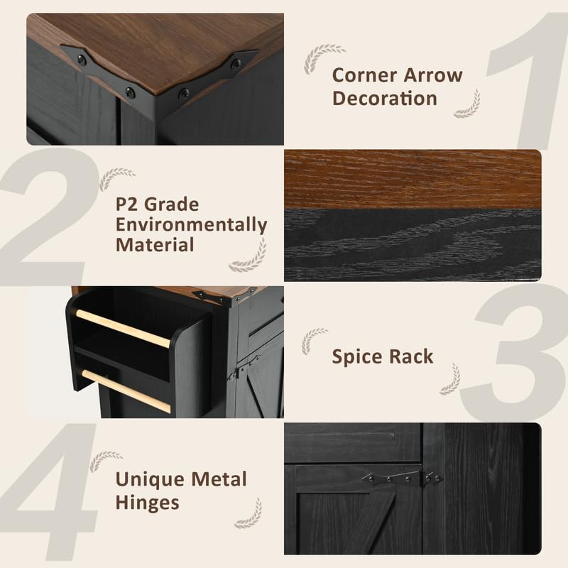 Black Farmhouse Kitchen Island with Power Outlet and Drop Leaf P183