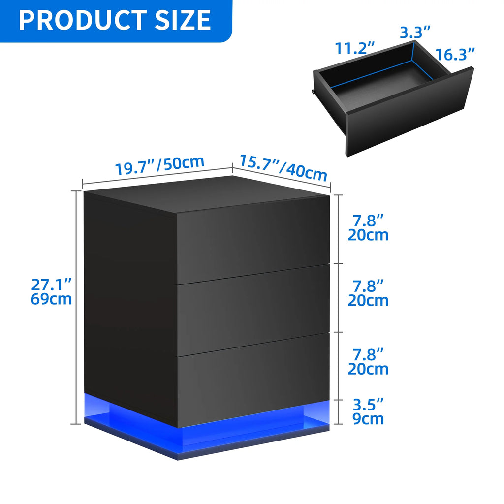 Black 3 Drawer LED Nightstand B50676