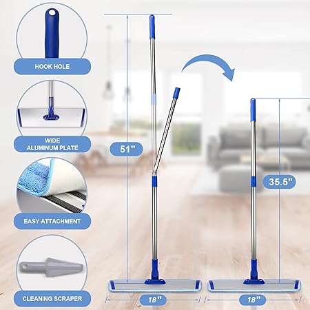 18" Microfiber Flat Mop with Stainless Steel Handle, 4 Reusable Mop Pads Y8237