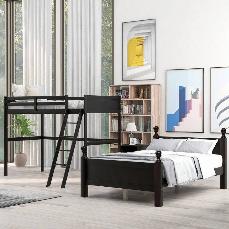Espresso Pine Wood Twin Over Full Loft Bed with Cabinet P7743