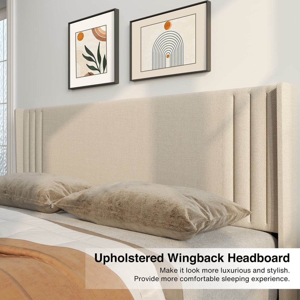 Queen Full Wingback Platform Bed Frame with Under-bed Storage Beige X1782