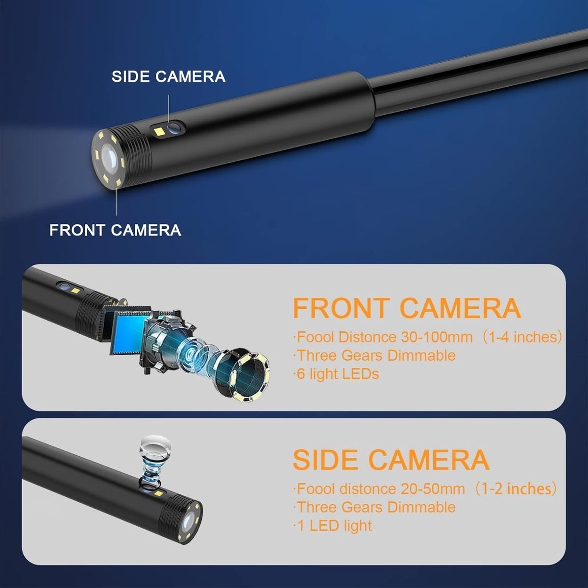 5 inch Dual Lens Industrial Endoscope with 16.5ft Semi-Rigid Cable T3070