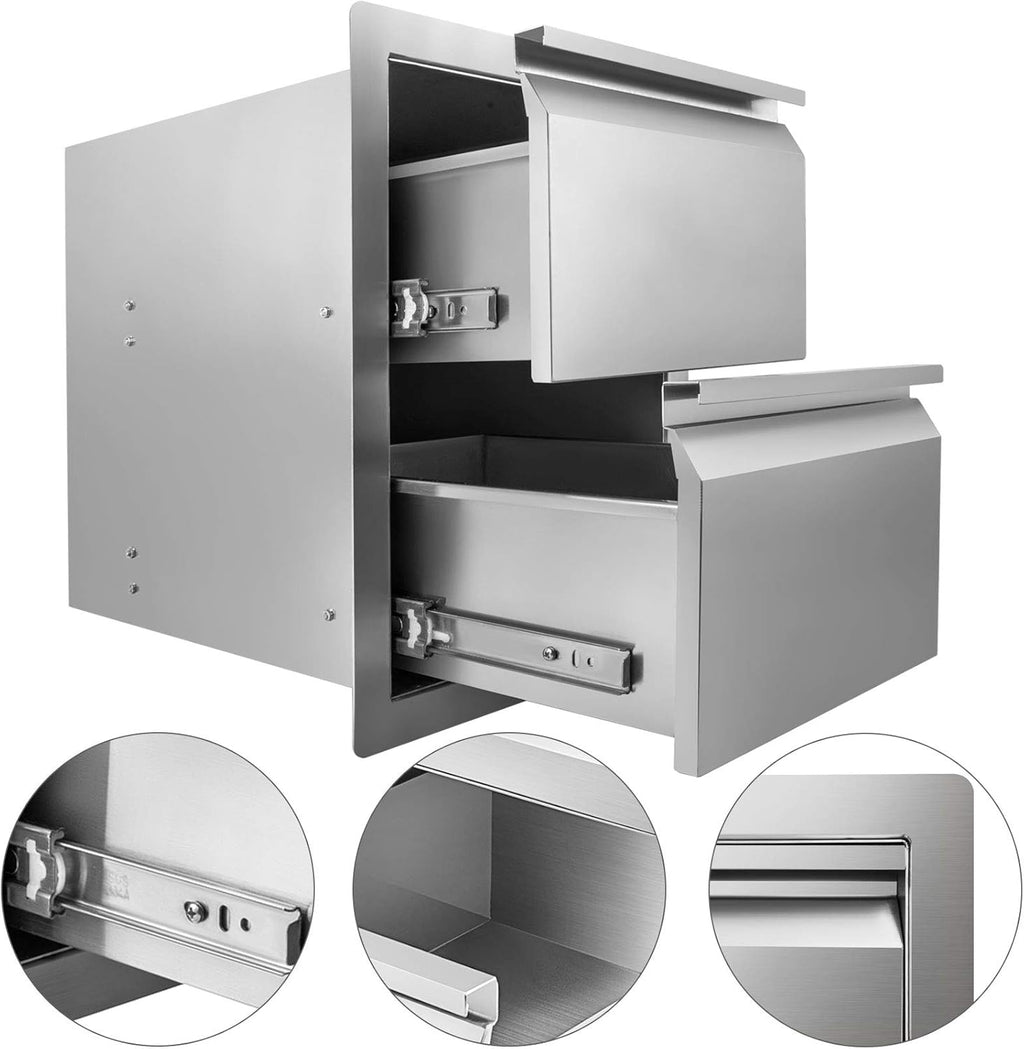 Stainless Steel Double Access BBQ Drawers Box Frame Style Flush Mount Outdoor Kitchen Storage Double Drawers I4193
