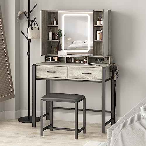 Vanity Desk with Lighted Tri-Fold Mirror and 2 Drawers R205348