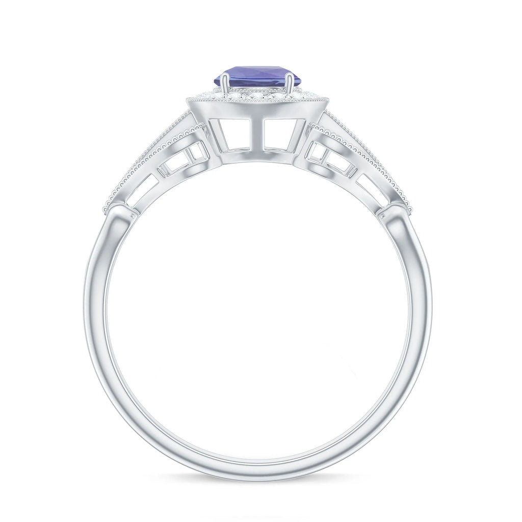 Tanzanite and Diamond Engagement Ring, 925 Sterling Silver, US 4.00 E328