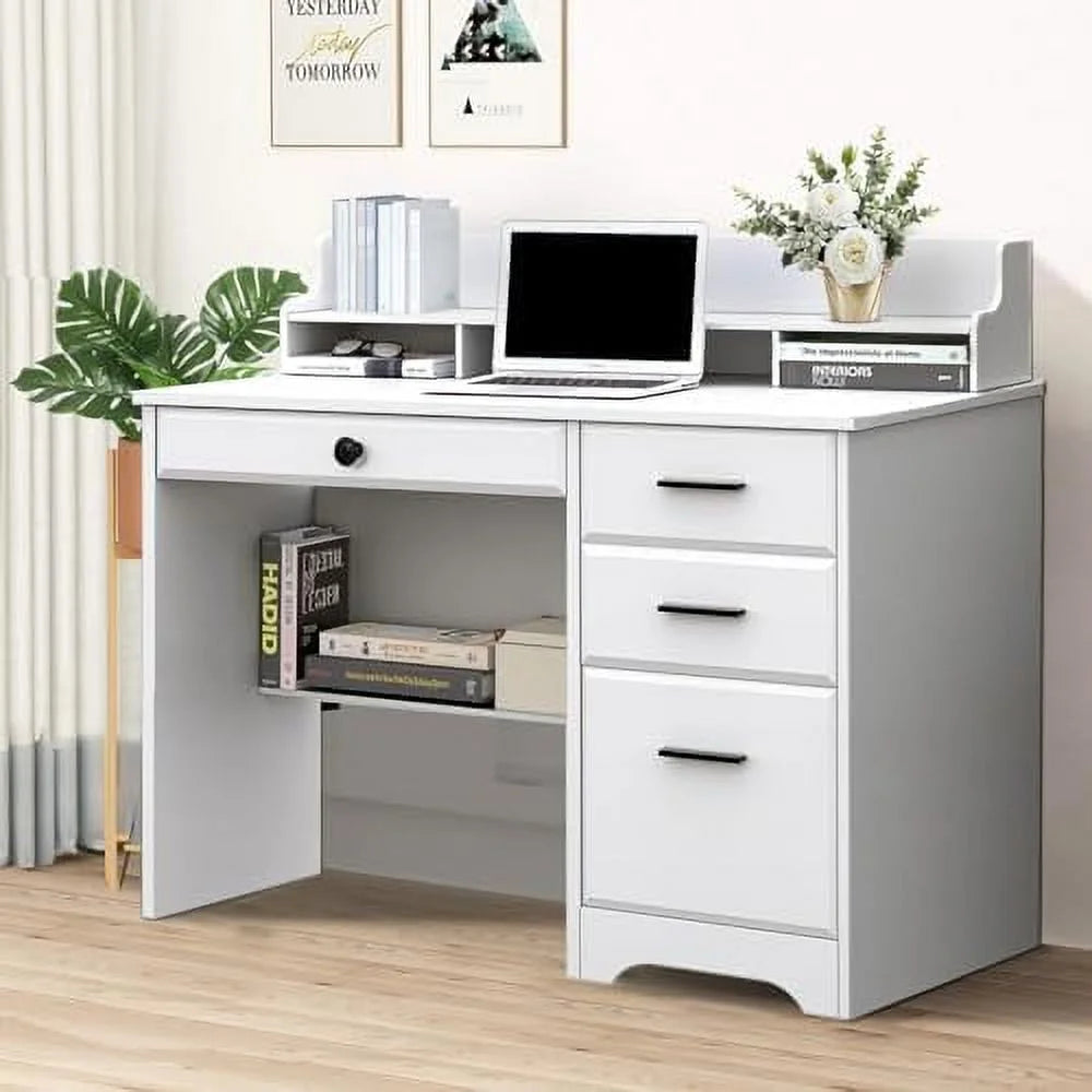 White 44" Wood Desk with 4 Drawers and Hutch M428