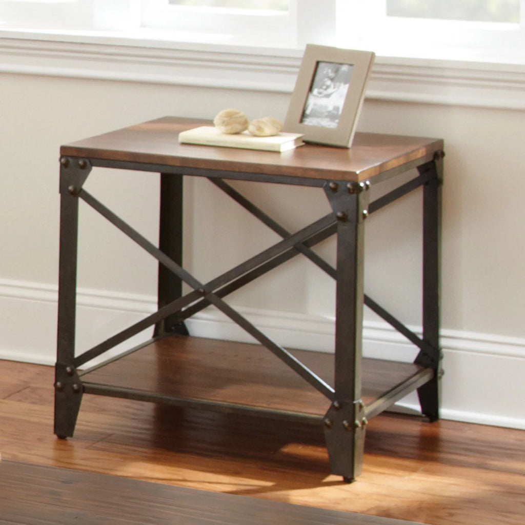 Square End Table Distressed Tobacco Brown Metal Frame D74426