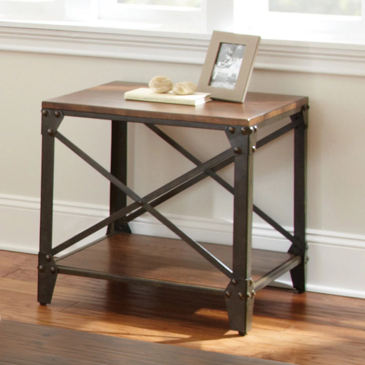 Square End Table Distressed Tobacco Brown Metal Frame D74426