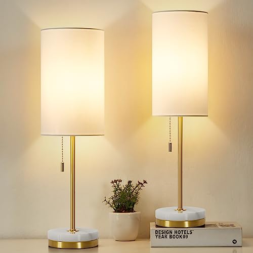 Desk Lamp & Table Lamp Set of 2, Marble Base, Fabric Shade, Gold I730100