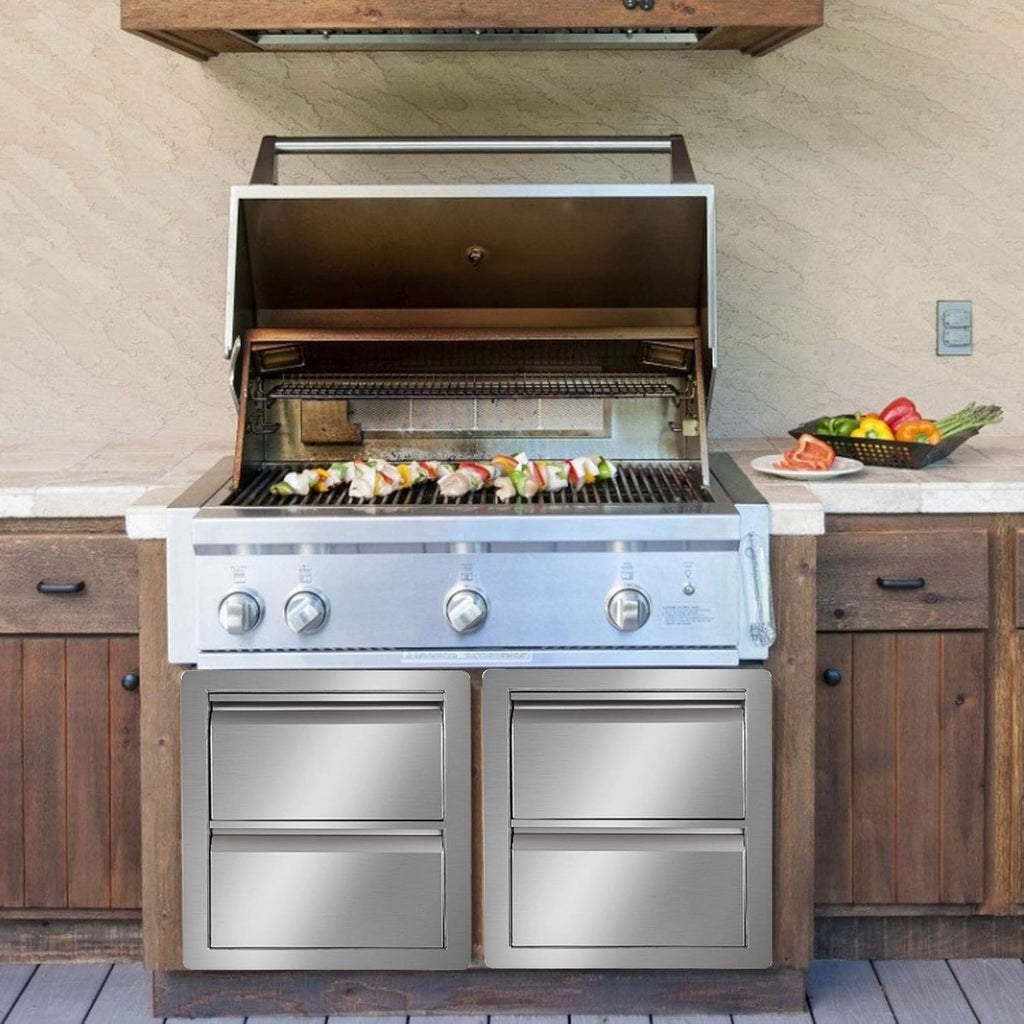 Stainless Steel Double Access BBQ Drawers Box Frame Style Flush Mount Outdoor Kitchen Storage Double Drawers I4193