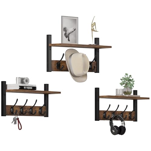 Rustic Brown Wood Coat Rack with 16 Hooks, Set of 4 H2836